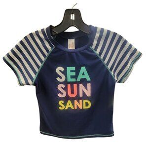 Cat & Jack Kids Blue Rash Guard Shirt SEA SUN SAND Print Striped Sleeves XL (14/